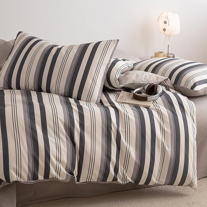 Striped Full Duvet Cover Off White Charcoal Gray Full Size Comforter Cover Cotton Boho Patterned Soft Duvet Cover Set with Hidden Zipper Vertical Stripe Bedding Set Farmhouse Duvet Protector