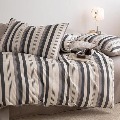 Striped Full Duvet Cover Off White Charcoal Gray Full Size Comforter Cover Cotton Boho Patterned Soft Duvet Cover Set with Hidden Zipper Vertical Stripe Bedding Set Farmhouse Duvet Protector