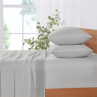 Modern Threads 4 Piece Microfiber Sheet Set – Soft Cooling Bed Sheets with Crochet Lace – Deep Pocket, Wrinkle Free, Breathable, Hotel Luxury Bedding, Light Gray, Full