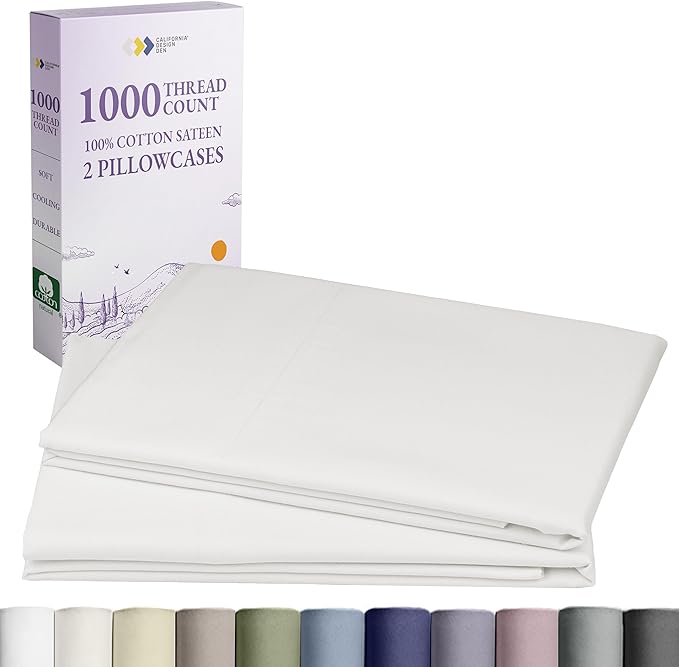 California Design Den Pillow Covers Queen Size Set of 2-1000 Thread Count Sateen, Soft & Thick 100% Cotton Pillowcases Standard/Queen, Breathable Bedding - True Ivory