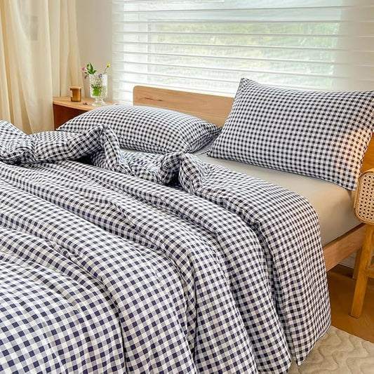 NSNLGSGC Twin Comforter Set, Navy Gingham Bedding Comforter Sets, Blue Grid Bed Comforter 2 Pieces (1 Comforter, 1 Pillowcase)