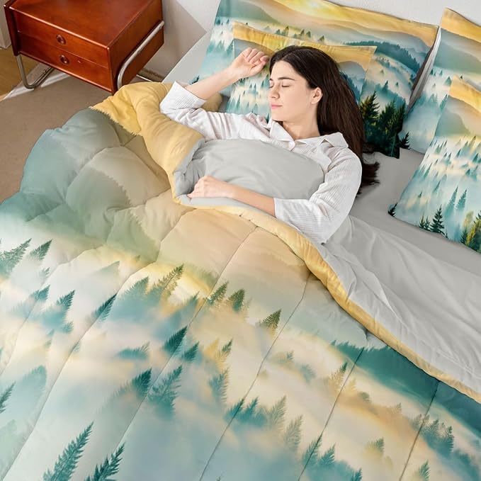 Erosebridal Smoky Mountain Twin Comforter Set with Sheets 7 Piece Gold Sun Sunrise Bed in A Bag Woodland Pine Tree Bedding Sets for Kids Adults,Natrue Bed Set