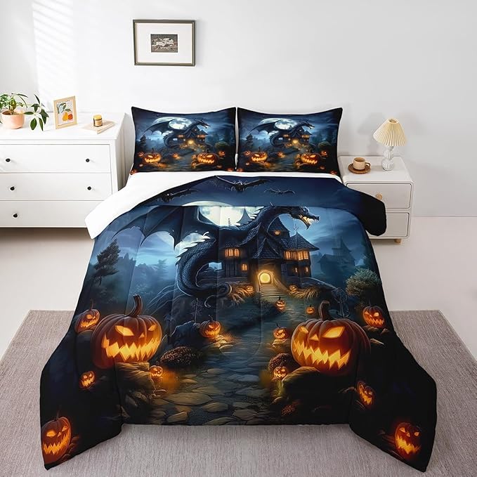 Halloween Dragon Comforter Set Queen Size,Pumpkin Wooden Cabin Bedding Set for Kids Boys Girls Room Decor,Moonlight Bat Wild Animal Duvet Insert 3Pcs,Western Magical Dragon Quilt Set,2 Pillowcases