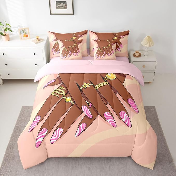 Erosebridal Romantic Makeup Themed Comforter Sets Queen for Girls Fashion Girlish Sheet Set 7 Piece Black Girls Bedding Set for Kids Teens Adult Women Bedroom Afro Vogue Princess Magical Bed in A Bag