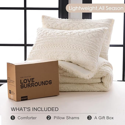 COTTEBED Sherpa Fluffy Comforter Sets KING Size Bed, Boho Tufted Cal KING Bedding Down Comforter, Lightweight Super Soft Reversible Washed Cotton Shabby Plush Fleece Sherpa All Season, Off White Ivory