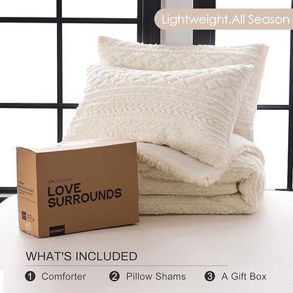 COTTEBED Fluffy Warm Sherpa Comforter Set Twin Bed, Boho Tufted Ultra-Soft Thick Twin XL Size Shabby Plush Bedding Down Comforter Sets for Boy Girl Child College Dorm Winter Christmas, Off White Ivory