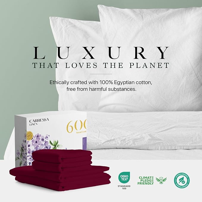 Carressa Linen 100% Egyptian Cotton Full Size Sheets - 600 Thread Count Full Size Egyptian Cotton Sheets (4 PC, Classic Burgundy), Soft, Cooling, 16" Deep Pocket Sateen Weave Luxury Hotel Sheet Set