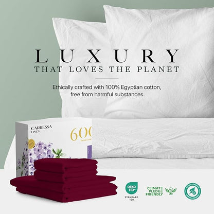 Carressa Linen 100% Egyptian Cotton Full Size Sheets - 600 Thread Count Full Size Egyptian Cotton Sheets (4 PC, Classic Burgundy), Soft, Cooling, 16" Deep Pocket Sateen Weave Luxury Hotel Sheet Set