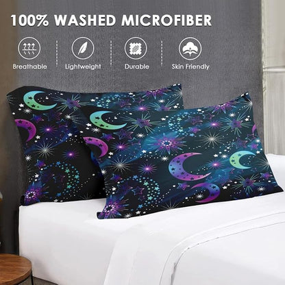 Full Size Comforter Set with 2 Pillowcases, Moon Neon Galaxy Kids Rainbow Soft 3 Pcs Bedding for Kids and Adults Bedroom Bed Decor