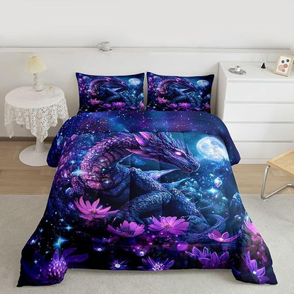 Feelyou Dragon Comforter Set All Season Dragon Stuff Bedding Set with 1 Pillow Cases Wild Life Kids Twin Bedclothes Magic Wildlife Bedroom Decor Purple and Blue Duvet Quilt Breathable Soft