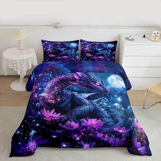 Feelyou Dragon Comforter Set All Season Dragon Stuff Bedding Set with 2 Pillow Cases Wild Life Kids Full Bedclothes Magic Wildlife Bedroom Decor Purple and Blue Duvet Quilt Breathable Soft
