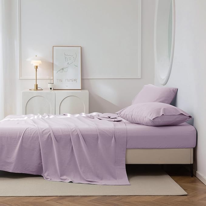 JIYUAN Twin Size Sheet Set, 3-Piece - 100% Washed Cotton, Linen-Like Soft & Breathable, Includes Deep Pocket Fitted & Flat Sheet with 1 Pillowcases, Hotel Quality, Heathered Light Purple