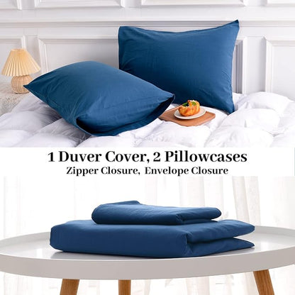 NEXHOME PRO Duvet Cover Set Queen Size Linen Feel Textured Navy Organic Natural 100% Washed Cotton Duvet Cover 3 Pieces Bedding Set with Zipper Closure, Breathable, Soft (No Comforter)