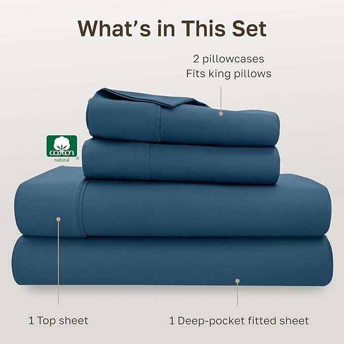 California Design Den King Bed Sheets Set - Soft 400 Thread Count Sateen, Natural 100% Cotton Sheets, Deep Pockets with All-Around Elastic for a Snug Fit, Durable Bedding Set - Peacock Blue