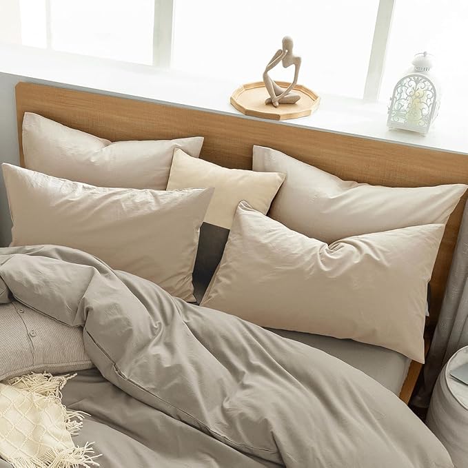 MooMee Bedding Pillowcases Pack of 4 100% Washed Cotton Linen Like Textured Breathable Durable Soft Comfy (Heathered Almond Milk Grey, King)