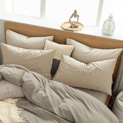 MooMee Bedding Pillowcases Pack of 4 100% Washed Cotton Linen Like Textured Breathable Durable Soft Comfy (Heathered Almond Milk Grey, King)