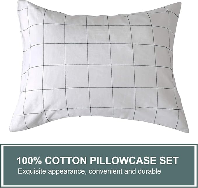 JELLYMONI 100% Natural Cotton 3pcs Plaid Duvet Cover Sets,White with Black Grid Geometric Pattern Printed Comforter Cover,with Zipper Closure & Corner Ties(Oversized King Size)