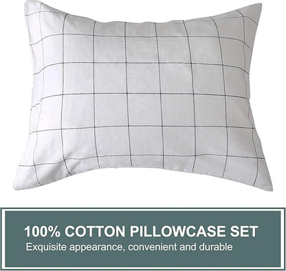 JELLYMONI 100% Natural Cotton 3pcs Plaid Duvet Cover Sets,White with Black Grid Geometric Pattern Printed Comforter Cover,with Zipper Closure & Corner Ties(Oversized King Size)
