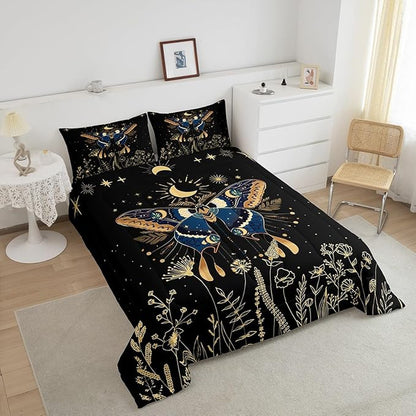 Erosebridal Butterfly Bedding Set King, Bohemian Moth Comforter Set for Adult Women Men 3Pcs,Black Starry Sky Bedding Comforter Sets Halloween Exotic Moon Star Bedding Flower Weed Botanical Duvet Set