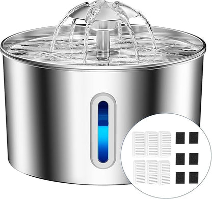 Cat Water Fountain Stainless Steel - 74oz/2.2L Automatic Large Pet Watering Bowl Dispenser for Indoor Cats - Drinking Fountains with 6 Filter, Gifts for Dogs and Kitty - Dog Waterer Bowls No Spill