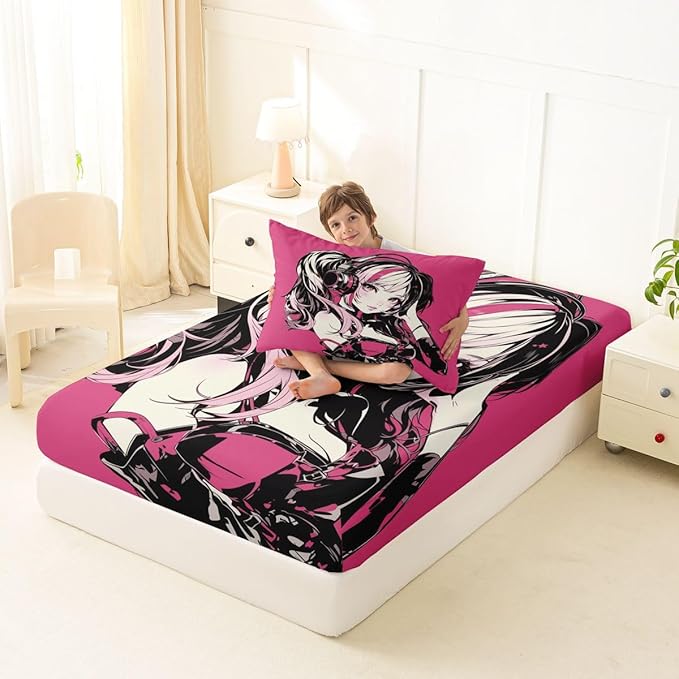 Pink Anime Girls Bedding Set Cartoon Japanes-Style Fitted Sheet Twin, Graffiti Street Culture Bed Sheets for Kids Teens Youth Watercolor Hippie Style Sheets 2Pcs, No Top Sheet