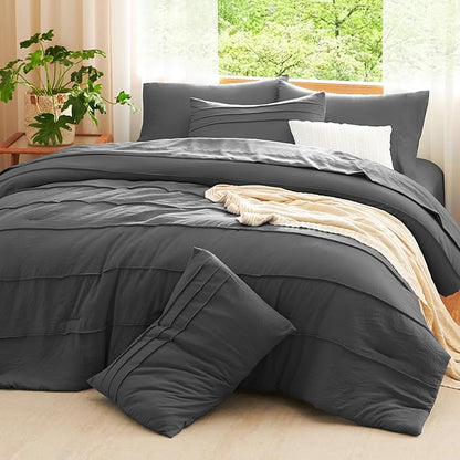 CozyLux Queen Comforter Set Dark Grey, 7 Pieces Soft Pinch Pleat Bed in a Bag Queen Comforter Set with Sheets, Boho Bed Set with Down Alternative Comforter, Sheets, Pillowcases & Shams