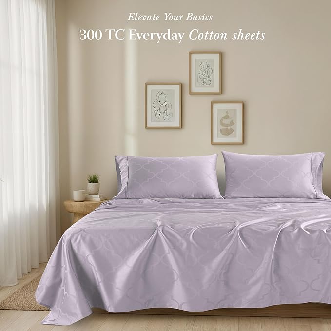 Threadmill Cotton Queen Sheet Set | 100% Cotton Sheets for Queen Size Bed | Damask Jacquard Queen Bed Sheets Set with 16” Deep Pocket | Soft Sateen Weave 4-Piece Cooling Bedding Set | Lilac