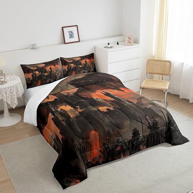 3D Dragon Comforter Set Queen Size,Vintage Old Castle Bedding Set for Kids Boys Girls Room Decor,Fire Dragon Wildlife Theme Duvet Insert 3Pcs,Grey Red Retro Microfiber Soft Quilt Set,2 Pillowcases