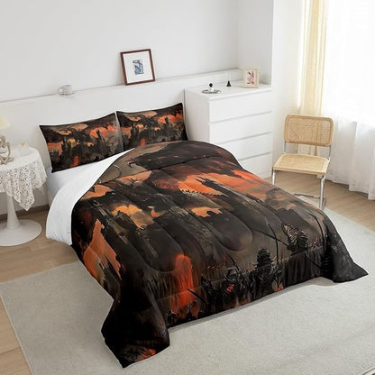 3D Dragon Comforter Set King Size,Vintage Old Castle Bedding Set for Kids Boys Girls Room Decor,Fire Dragon Wildlife Theme Duvet Insert 3Pcs,Grey Red Retro Microfiber Soft Quilt Set,2 Pillowcases