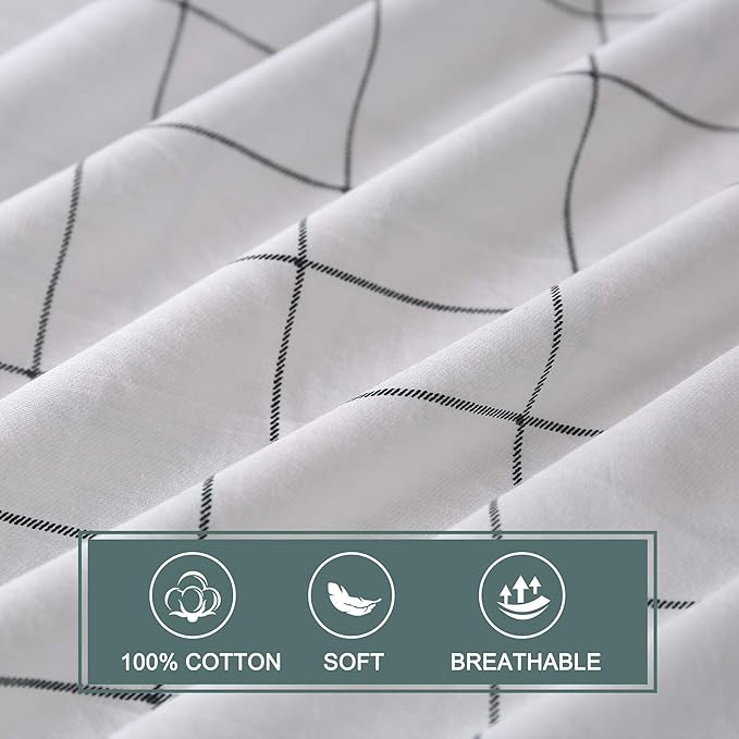 JELLYMONI 100% Natural Cotton 3pcs Plaid Duvet Cover Sets,White with Black Grid Geometric Pattern Printed Comforter Cover,with Zipper Closure & Corner Ties(Cal King Size)