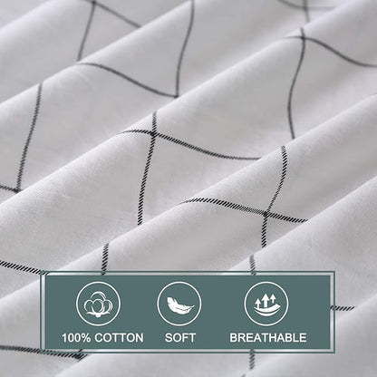 JELLYMONI 100% Natural Cotton 3pcs Plaid Duvet Cover Sets,White with Black Grid Geometric Pattern Printed Comforter Cover,with Zipper Closure & Corner Ties(Cal King Size)