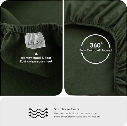 MooMee Fitted Bottom Sheet Only 100% Washed Cotton Linen Like Textured Breathable Durable Soft Comfy Deep Pocket Fits Mattress up to 17" (Forest Green, Queen)