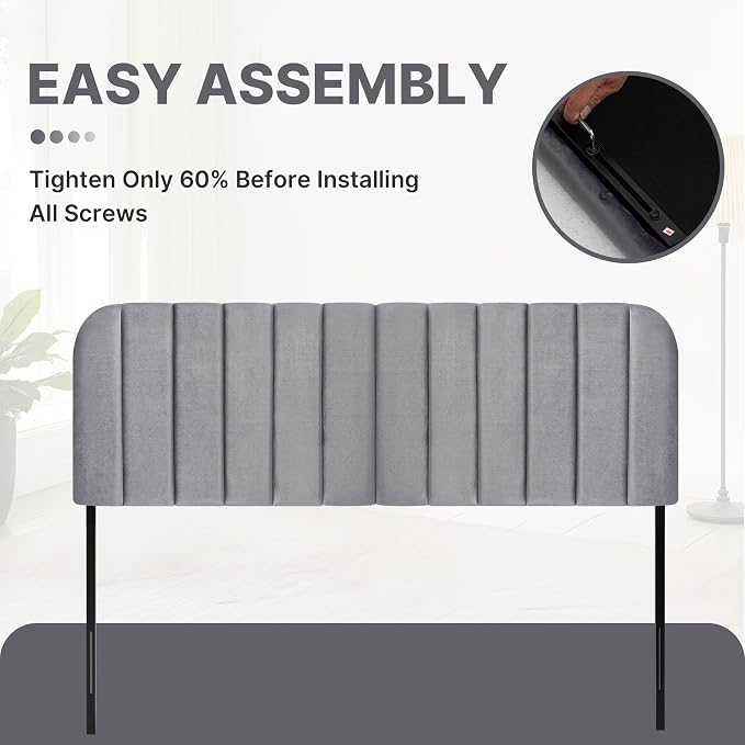 Queen Headboard Only - Upholstered Headboard for Bed, Easy Assembly, Velvet Covered Sponge, Place Between Bed & Wall, Adjustable Metal Legs with Non-Slip Pads, Grey