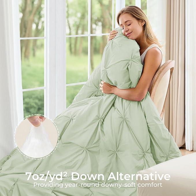Sasttie Full Size Comforter Set, 7-Piece Bed in a Bag, Pintuck Bedding Sets for All Season, Includes Comforter, Flat Sheet, Fitted Sheet, Pillowcases and Pillowshams, Mint