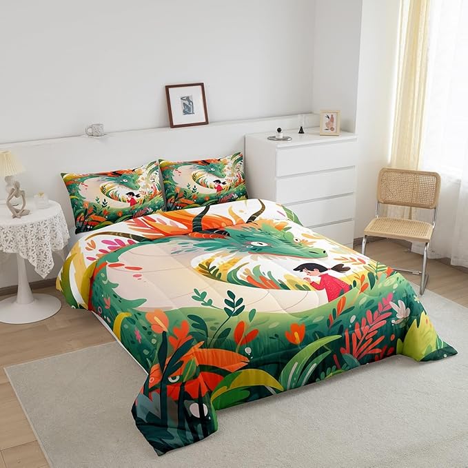 Dragon Cute Girl Comforter Set King Size,Cartoon Floral Green Weed Bedding Set for Kids Boys Teens Room Decor,Colorful Flower Animals Duvet Insert 3Pcs,Watercolor Fantasy Quilt Set,2 Pillowcases