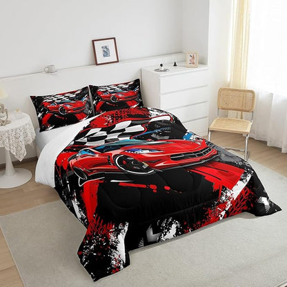 Car Bedding Set for Boys King Size Racing Sports Car Comforter Kids Extreme Sports Comforter Set Girls Teens Cool Speed Automobile Decor Bed Duvet Set Soft Lightweight Boys