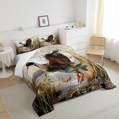Feelyou Mallard Duck Bedding Set Boys Girls Wild Duck Hunting Comforter Set for Kids Women Men Soft Lodge Cabin Farmhouse Comforter Quilt Room Decor Queen Size Duvet Set Boys