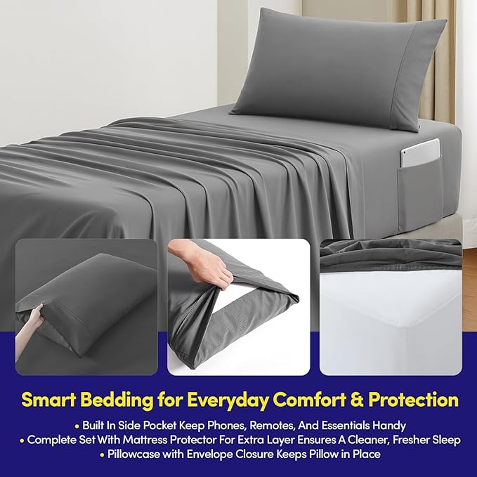 Dorm Room Essentials Twin XL Comforter Set Bedding – Bundle with Comforter, Mattress Protector & Sheets with Pockets on the Side & Built-in Corner Strap – Media Pocket for Devices