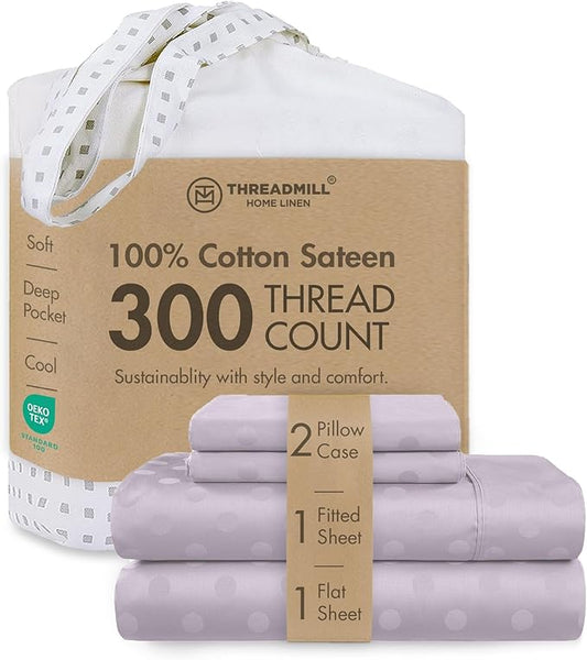 Threadmill Cotton Full Size Sheet Set | 100% Cotton Sheets for Full Size Bed | Damask Jacquard Full Bed Sheets Set with 16” Deep Pocket | Soft Sateen Weave 4-Piece Cooling Bedding Set | Lilac