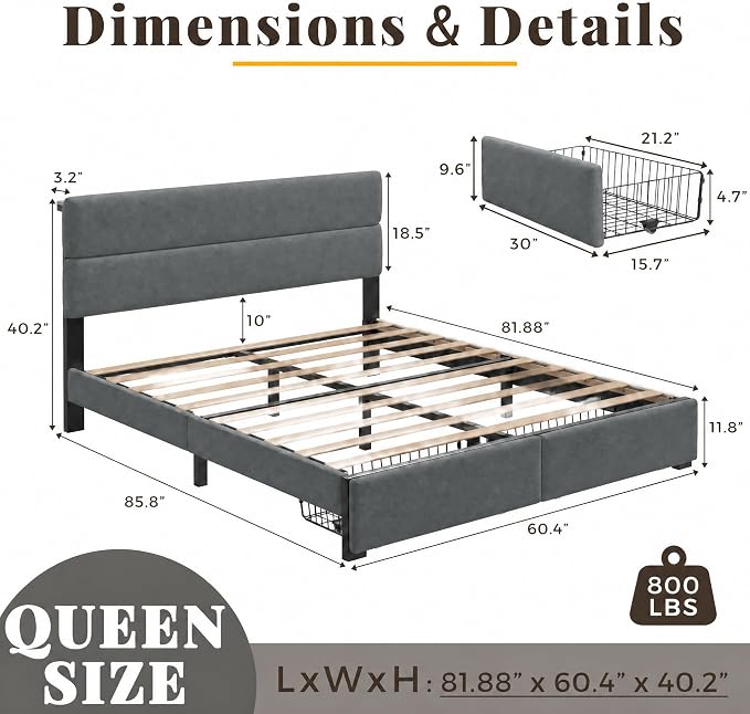 Queen Bed Frame with 2 Storage Drawers, Grey Velvet Upholstered | Platform Bed with Charging Ledge, LED Headboard Lighting, Metal Support, Noise Free, No Box Spring Needed, Easy Assembly