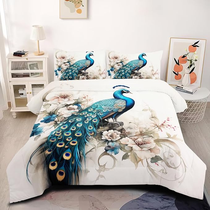 King Size Comforter Set for Women,Teal Peacock Feather Bedding Set with Blue and White Floral,Elegant Watercolor Bird Flowers Decor,3Pcs Soft Fluffy Microfiber with 2 Pillowcases,104 * 90
