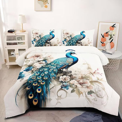 King Size Comforter Set for Women,Teal Peacock Feather Bedding Set with Blue and White Floral,Elegant Watercolor Bird Flowers Decor,3Pcs Soft Fluffy Microfiber with 2 Pillowcases,104 * 90