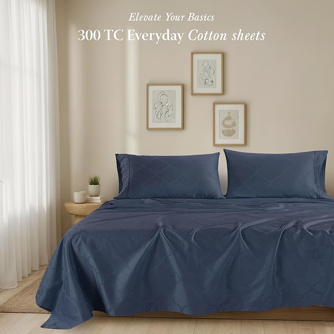 Threadmill 100% Cotton Sheets for King Size Bed | 4 Pc King Bed Sheets Set | Soft, Breathable Lightweight Damask Sateen for All-Season Use | Snug Fit Elastic Deep Pocket King Sheets | Folkstone Blue