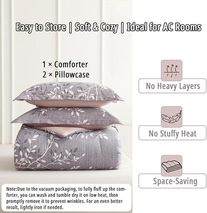 Vintage Gray Cotton Comforter King Size 3Pcs - Luxurious Design with White & Charcoal Branches Pattern, Elegant Dusty Pink Reversible Lightweight Bedding Sets with Soft Fill(104"×90")