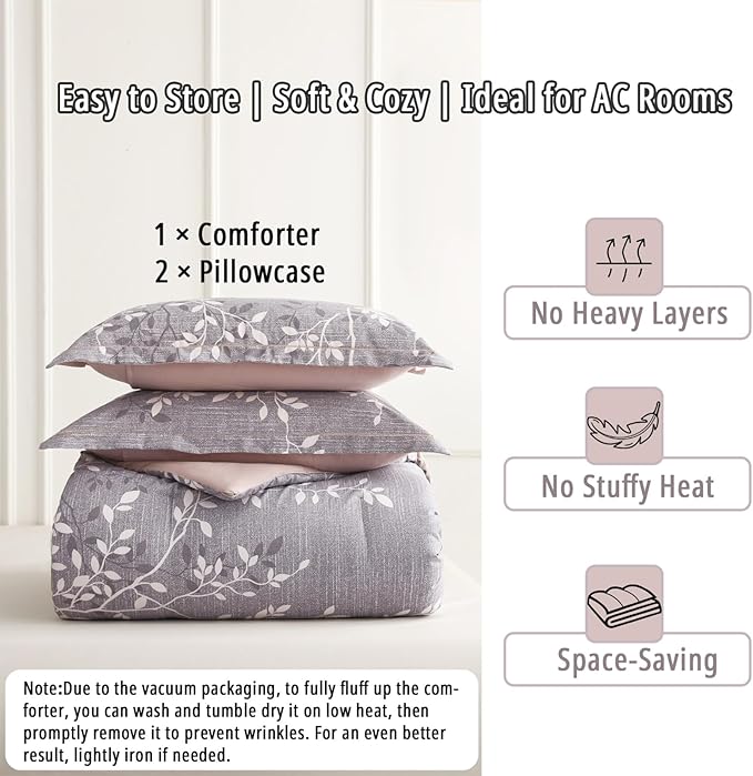 Vintage Gray Cotton Comforter Queen Size 3Pcs - Luxurious Design with White & Charcoal Branches Pattern, Elegant Dusty Pink Reversible Lightweight Bedding Sets with Soft Fill(90"×90")