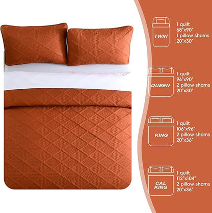 Yiran Burnt Orange Fall Quilt Set King Size Bedding Set Lightweight Bedspreads 3 Piece Soft Microfiber Terracotta Diamond Pattern Bed Coverlet for All Season with 2 Pillow Shams (106x96 Inch)