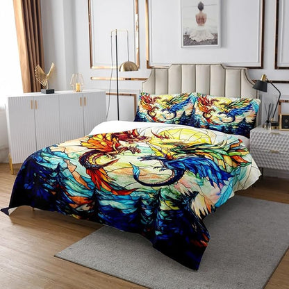 Western Dragon Men Bedspread Twin Size,Flying Dragon Wing Pine Trees Rustic Coverlet Set,Boys Girls Room Decor,Geometric Patchwork Abstract Quilted Coverlet,Blue Trippy Bedding Quilt,1 Pillowcase