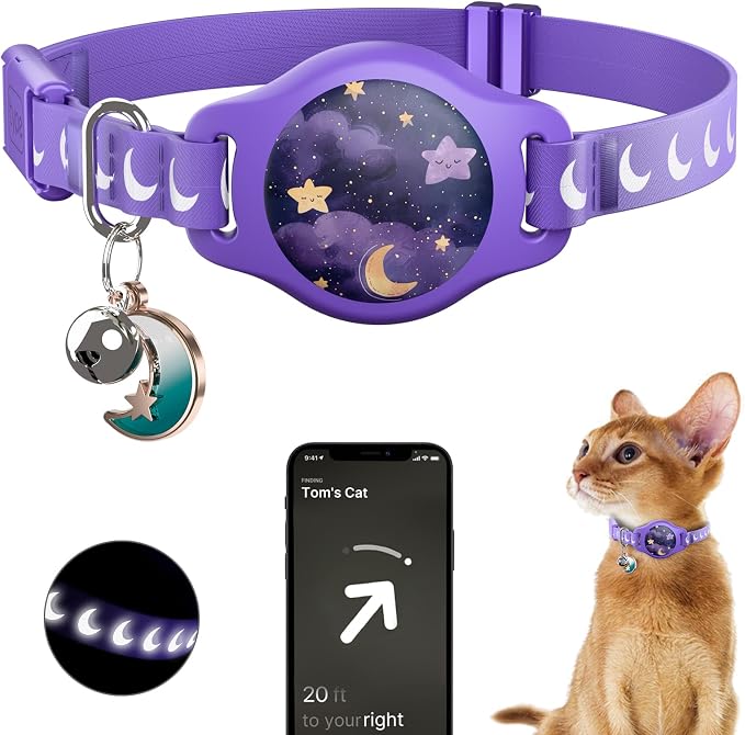 typecase Reflective Breakaway Cat Collar with AirTag Holder, Purple & White | Purple Reflective Breakaway Cat Collar With Bell And Silicone AirTag Holder; Adjustable 8-12 In; AirTag Not Included