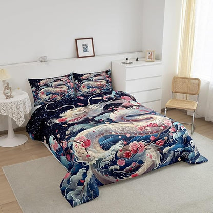 Dragon Bedding Set Queen Size,Pink Cherry Blossom Japanese Ukiyoe Comforter Set,Kids Girls Boys Teens Bedroom Decor,Ocean Sea Wave Quilt Set Western Wildlife White Dragon Duvet Insert,2 Pillowcases