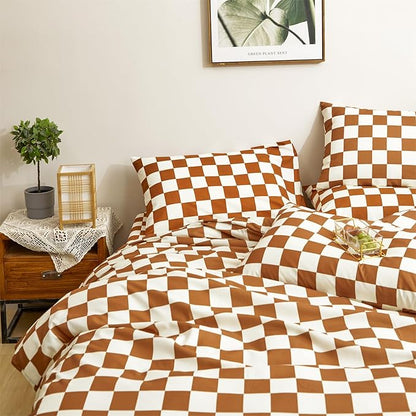 CLOTHKNOW Brown Plaid Full Size Comforter Set 3Pcs Grid Bedding Comforter Sets Soft Checker Comforter with 2 x Pillow Cases Soft Lightweight